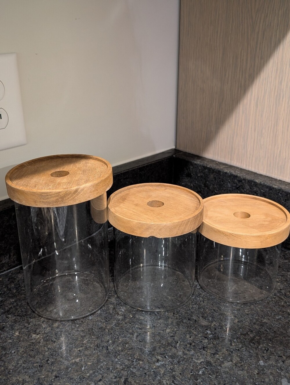 Set of 3 Glass Storage Jars with Wooden Lids